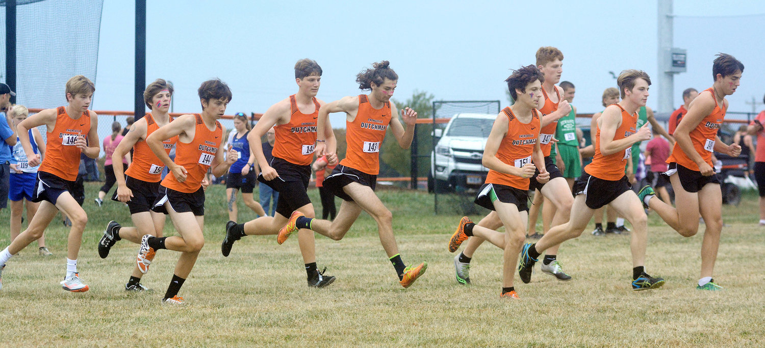 Owensville’s JV Dutchmen harriers warm up prior to their race last Tuesday afternoon at the Owensville Cross Country Invitational on the Gasconade County R-2 Campus by running out of the starting boxes.